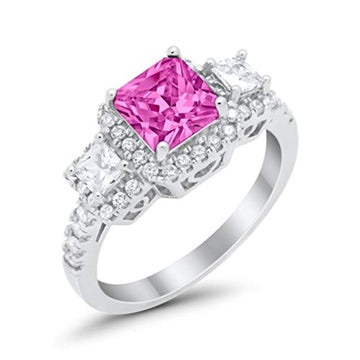 Three Stone Princess Wedding Simulated Pink CZ Ring 925 Sterling Silver